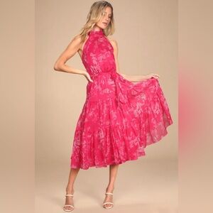 Float to You Hot Pink Floral Print Halter-Neck Tiered Midi Dress— Lulu’s NWT NBW